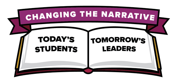 Open book with text on the pages that says Today's students, tomorrow's leaders. A banner above the book has the text Changing the Narrative.